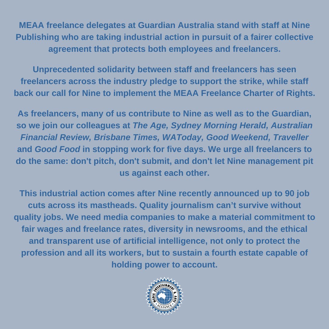 Freelance delegates at Guardian Australia stand in solidarity with Nine Publishing colleagues on strike. 
They will not be pitching or submitting work to Nine during the strike and urge all freelancers to do the same.
#DontTorchJournalism
#MEAAmedia