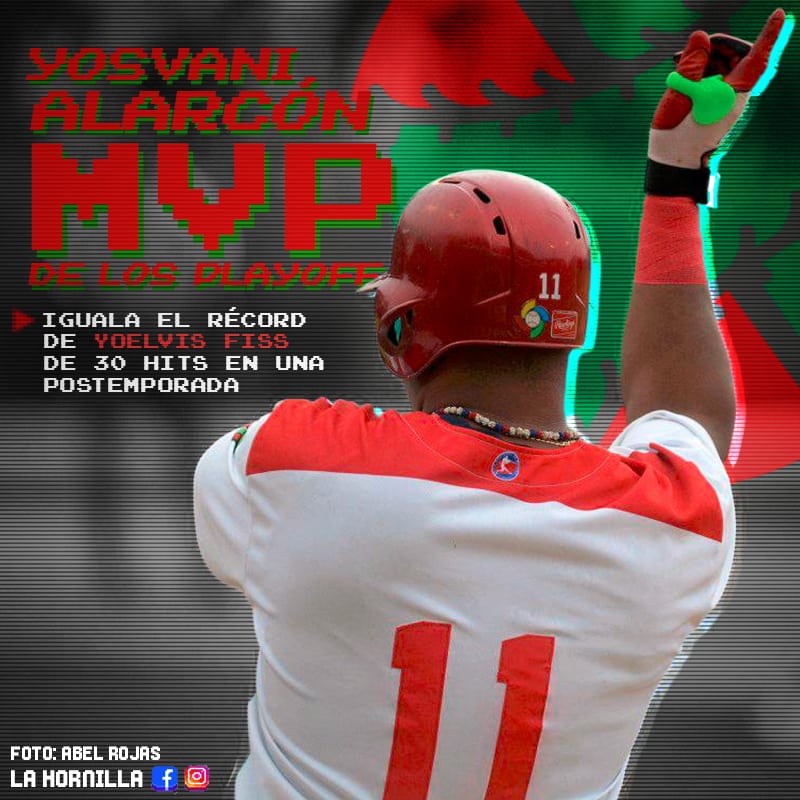 MVP de los PlayOff 🪓

💥 Yosvani Alarcón fue nombrado el jugador más valioso de los PlayOff.

👉 Logró una racha de 16 juegos conectando hit 🎯.

👉 Igualó la marca de Yoelvis Fiss de 30 indiscutibles en una postemporada

👉t.me/LaHornilla