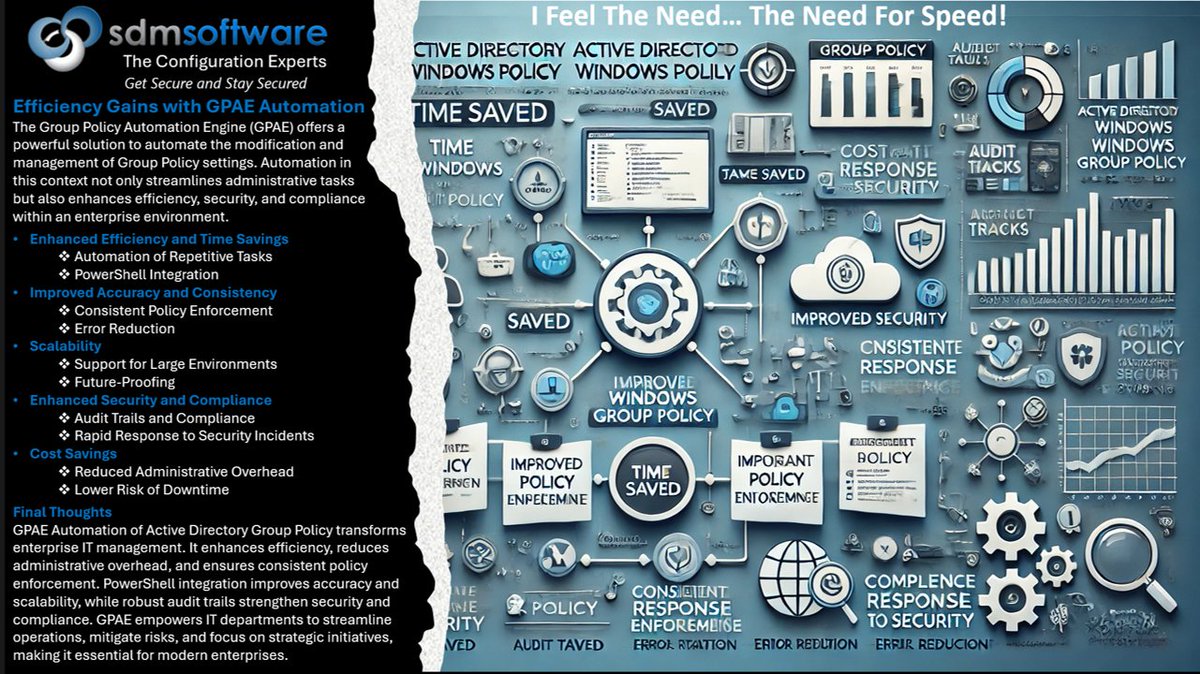 JSaylorIII's tweet image. The Need For Speed, Automating #ActiveDirectory @Microsoft @Windows  #GroupPolicy
 
@sdmsoftware Group Policy Automation Engine #GPAE powerful automation solution modifies &amp;amp; manage #GPO settings. Automation streamlines #tasks, enhances #efficiency, #security, and #compliance.