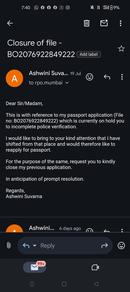 DParwana's tweet photo. @rpomumbai have email on 19 Jul 2024 for closure of a file. Havent received any response..request a quick closure. https://t.co/ArIdJva6Ey