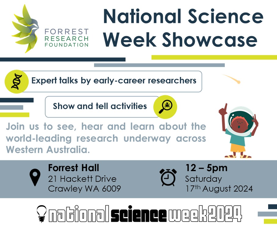 Neil Robinson (@njorobinson) on Twitter photo The Forrest Research Foundation <a href="/ForrestResearch/">Forrest Foundation</a> will be hosting its first ever National Science Week Showcase on 17th August!
Sign up here: scienceweek.net.au/event/forrest-…
<a href="/uwanews/">UWA</a> <a href="/UWAresearch/">UWA Research</a> <a href="/CurtinUni/">Curtin University</a> <a href="/MurdochUni/">Murdoch University</a> <a href="/EdithCowanUni/">Edith Cowan University (ECU)</a> The Forrest Research Foundation <a href="/ForrestResearch/">Forrest Foundation</a> will be hosting its first ever National Science Week Showcase on 17th August!
Sign up here: scienceweek.net.au/event/forrest-…
<a href="/uwanews/">UWA</a> <a href="/UWAresearch/">UWA Research</a> <a href="/CurtinUni/">Curtin University</a> <a href="/MurdochUni/">Murdoch University</a> <a href="/EdithCowanUni/">Edith Cowan University (ECU)</a>