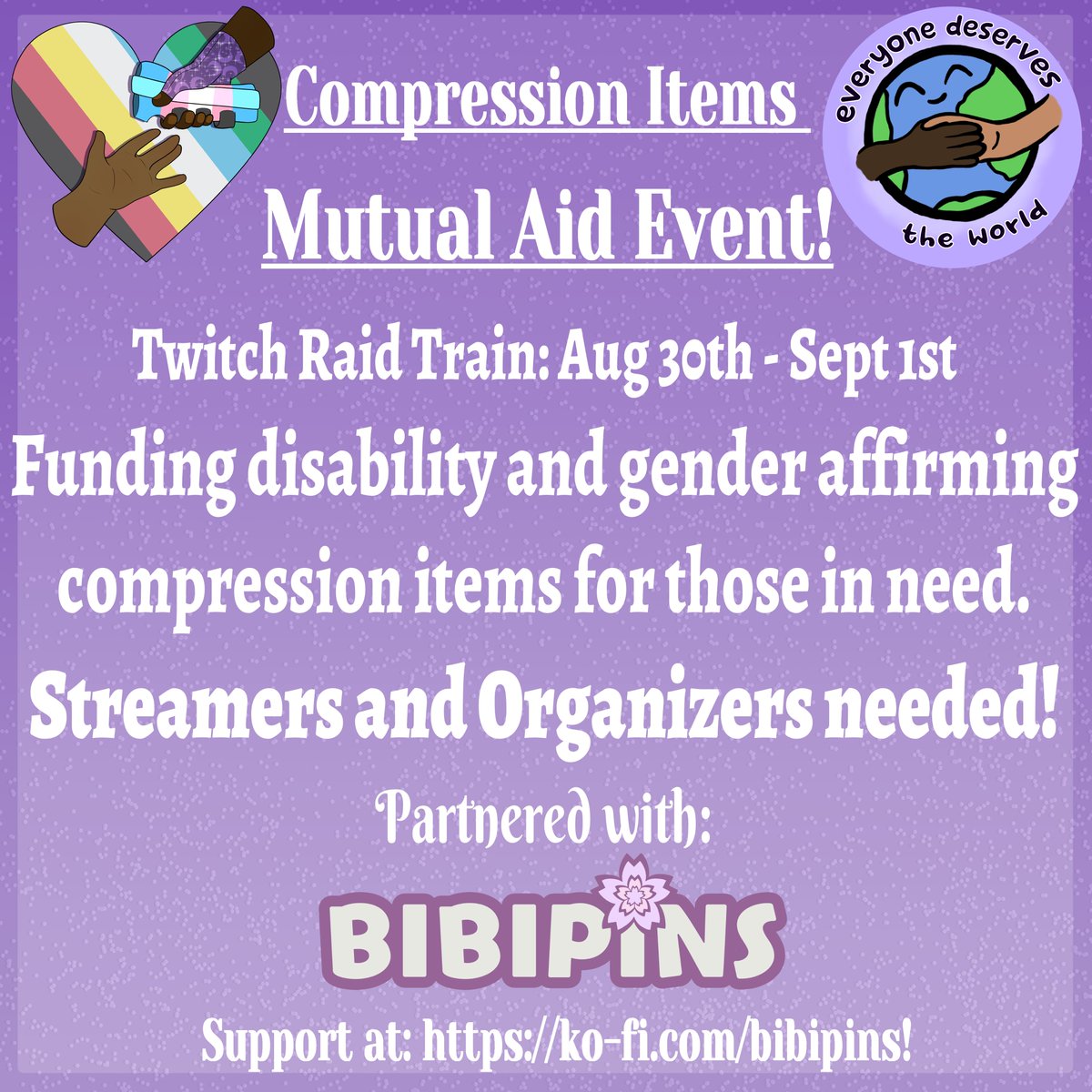 I am thrilled to officially announce that The #CompressionItemsMutualAid Twitch raid train event is partnering with the amazing @Bibipins!

Streamers and Organizers needed! 
Links in following tweet. 💜💜💜