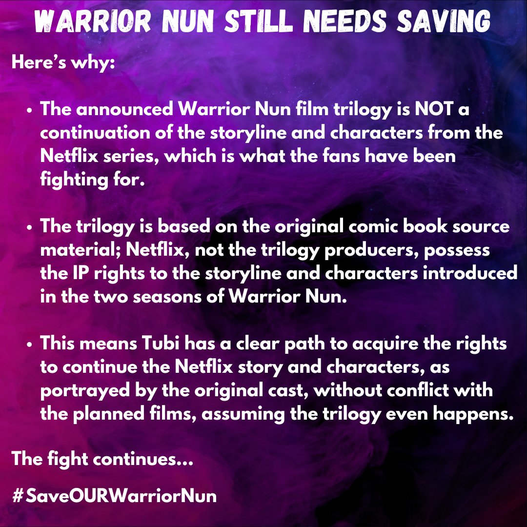 So there is a lot of confusion about what #WarriorNun fans did and didn't save. Time to clarify some of this. 

Stay tuned - more to come about how we can spread the word and #SaveOURWarriorNun

@TheAltSource <a href="/DanaPiccoli/">Dana Piccoli</a> <a href="/BythrowNick/">Nick Bythrow</a> <a href="/maggieofthetown/">Maggie Lovitt</a>
<a href="/Tubi/">Tubi</a>  <a href="/PaulTassi/">Paul Tassi</a>