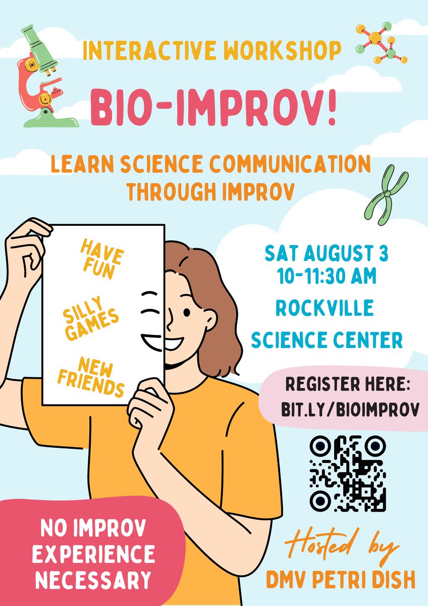 Callie Chappell (@eco_genome) on Twitter photo Are you excited about 🧪 science and 🎭improv?? If you’re in the DC area this Saturday, join me and Carson Billingsley, an improv expert, for a bio improv #scicomm workshop at <a href="/rockvillesci/">Rockville Science Center</a> from 10-11:30 AM ET Sat Aug 3.
RSVP here: eventbrite.com/e/improv-commu… Are you excited about 🧪 science and 🎭improv?? If you’re in the DC area this Saturday, join me and Carson Billingsley, an improv expert, for a bio improv #scicomm workshop at <a href="/rockvillesci/">Rockville Science Center</a> from 10-11:30 AM ET Sat Aug 3.
RSVP here: eventbrite.com/e/improv-commu…
