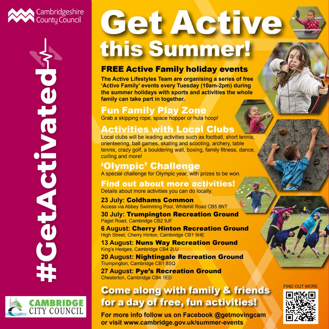 CambsCC's tweet photo. The Active Lifestyles Team are organising a series of free โActive Familyโ events every Tuesday (10am-2pm) during the holidays with sports and activities the whole family can take part in.
For more info, you can follow on Facebook @getmovingcam or visit https://t.co/WIERtdXbSN https://t.co/fgO7rCO2SF