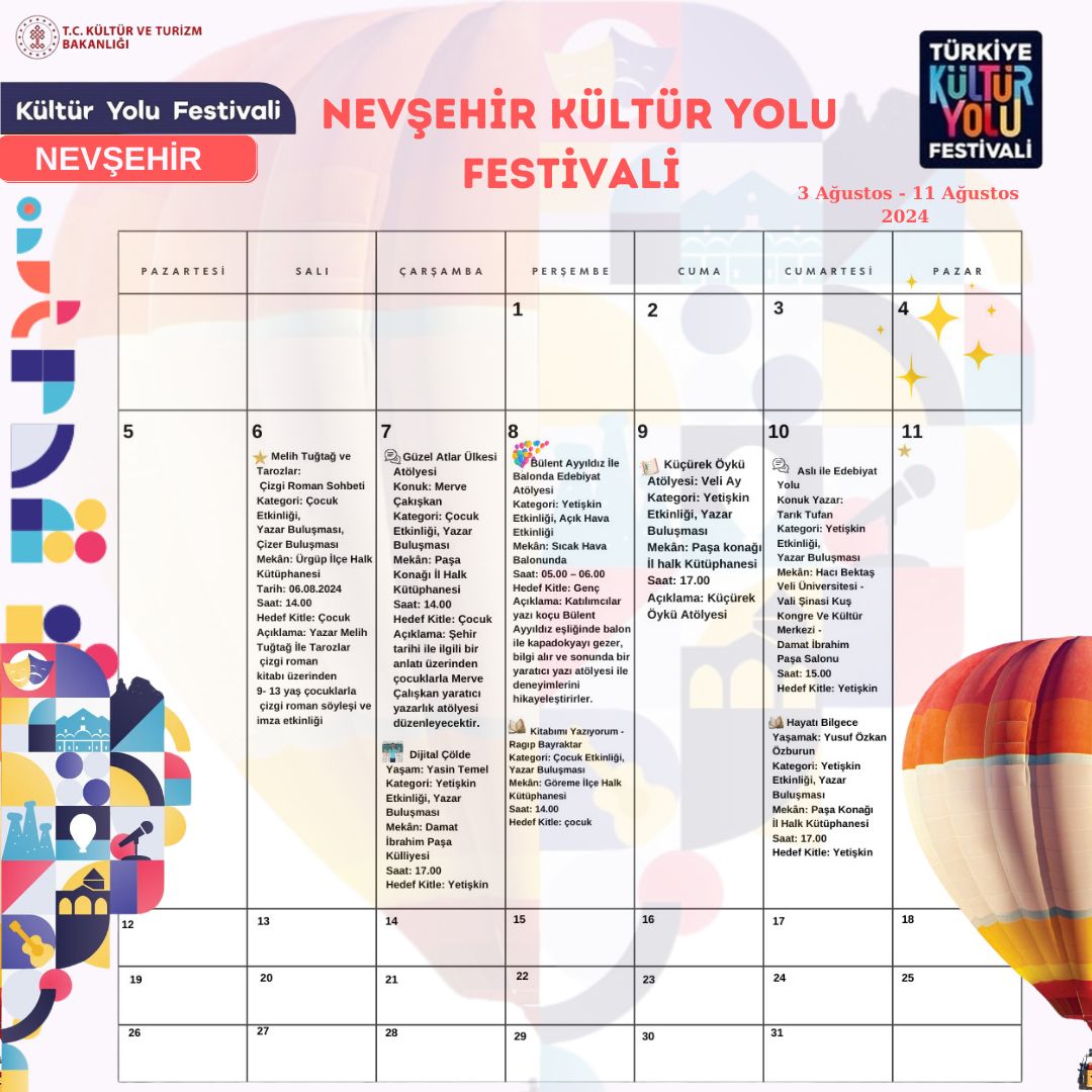 KTBKYGM's tweet photo. 🎉Nevşehir Kültür Yolu Festivali başlıyor!!!

✨3-11 Ağustos 2024 tarihleri arasında düzenlenecek olan Nevşehir Kültür Yolu Festivali, şehrimizin kültürel zenginliklerini keşfetmek

@TCKulturTurizm https://t.co/ISdIUkq0jK