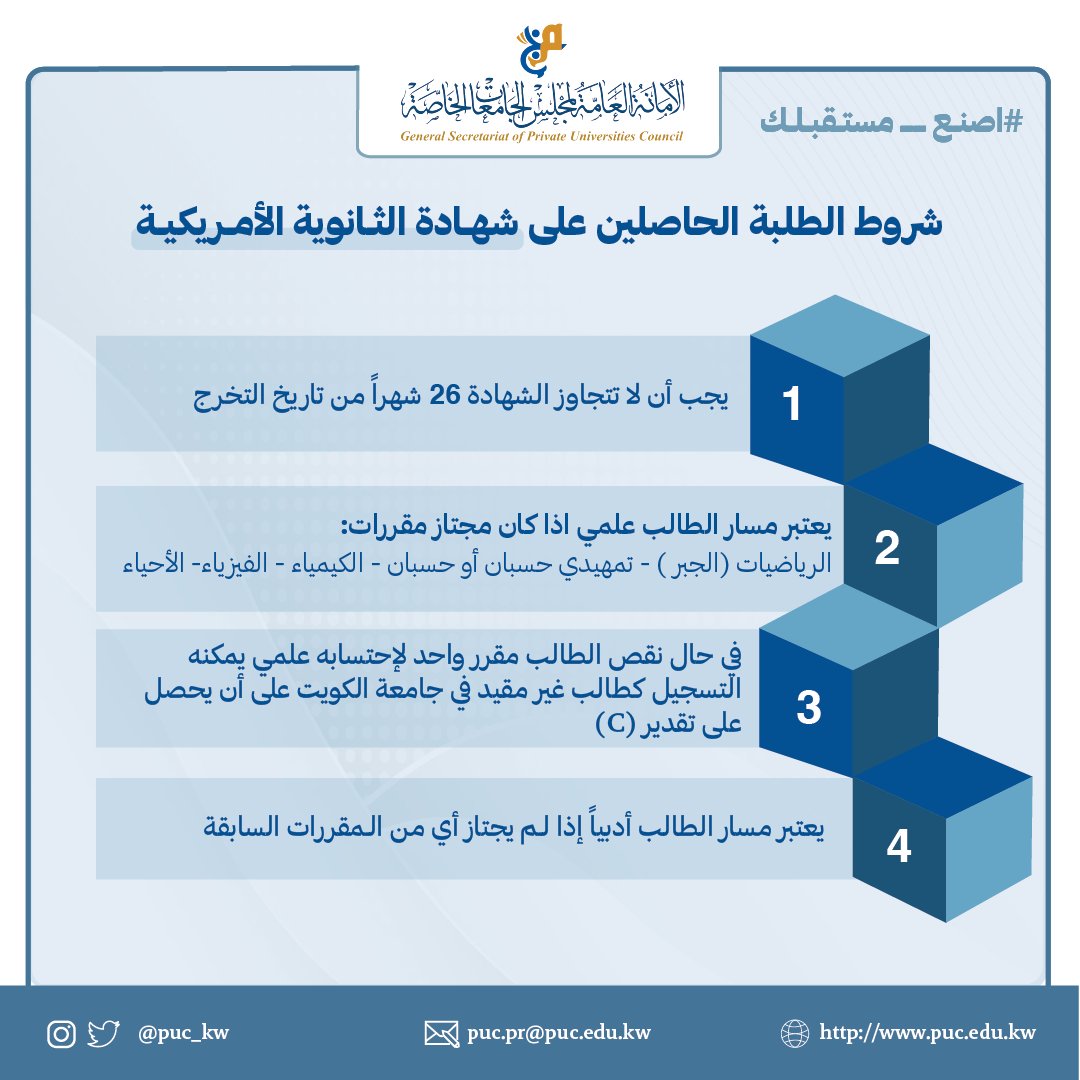 • شروط الطلبة الحاصلين على شهادات الثانوية الأمريكية :-

- يجب أن لا تتجاوز الشهادة 26 شهراً من تاريخ التخرج.
- يعتبر مسار الطالب علمي إذا كان مجتاز مقررات :( الرياضيات الجبر /تمهيدي حسبان أو حسبان / الكيمياء/ الفيزياء/ الأحياء.
- في حال نقص الطالب مقرر واحد لاحتسابه علمي يمكنه