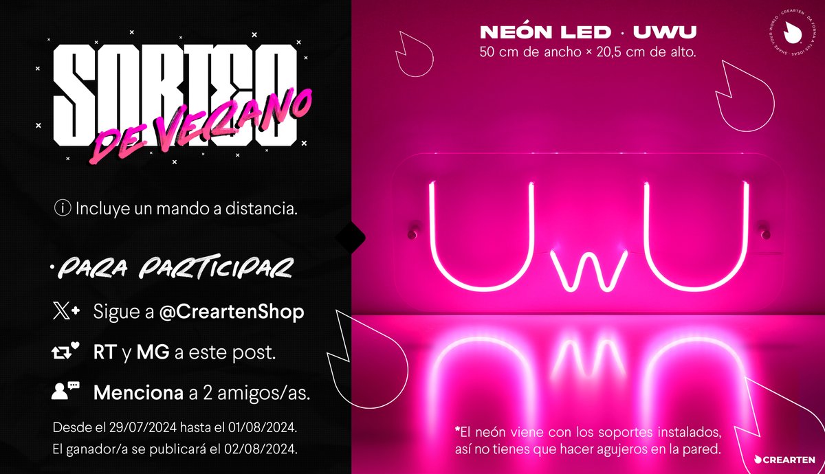 ✨💖 𝗦𝗢𝗥𝗧𝗘𝗢 𝗖𝗥𝗘𝗔𝗥𝗧𝗘𝗡® - Neón UwU 💖✨

🌸 Sorteamos el neón LED más kawaii para que decores tu SET-UP. Mando y apoyo incluido. 🎁

📍 Para participar:

✏️ Sigue a @CreartenShop
♥️ RT y MG al post.
💬 Menciona a 2 amigos.

 ¡Suerte y mil gracias por participar! 🥳🎉