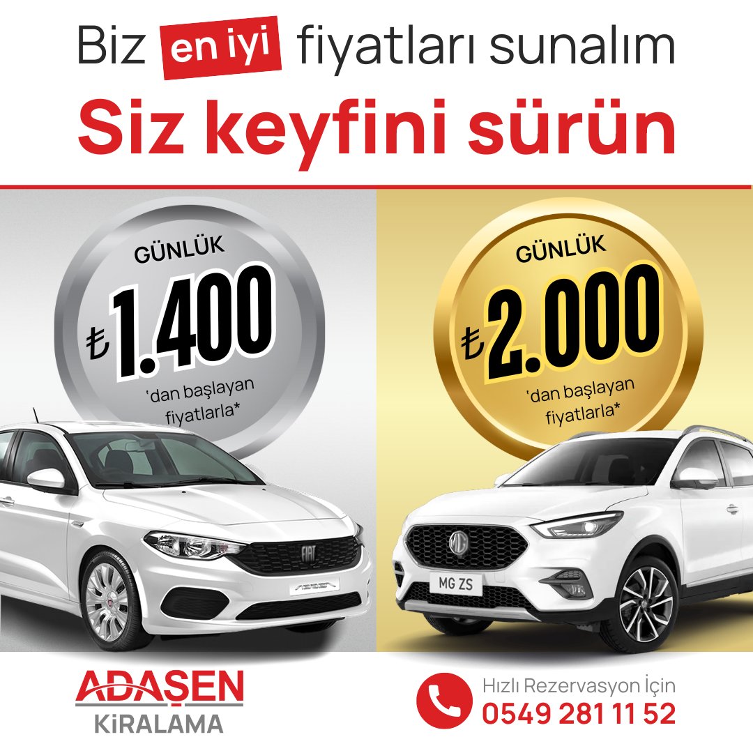 AdasenGrup's tweet photo. 🚗 Ekonomi Grubu'nda #Fiat #Egea günlük ₺1.400, 🚙 Konfor Grubu'nda #MG #ZS günlük ₺2.000'den başlayan fiyatlarla* #araç kiralamanın yenilikçi hali #Adaşen #Kiralama'da!

#RentACar #Sakarya #Adapazarı #Filo

*Başlangıç fiyatlarıdır ve günlük 100 km kullanım için geçerlidir. https://t.co/Xt5QsrPYdY