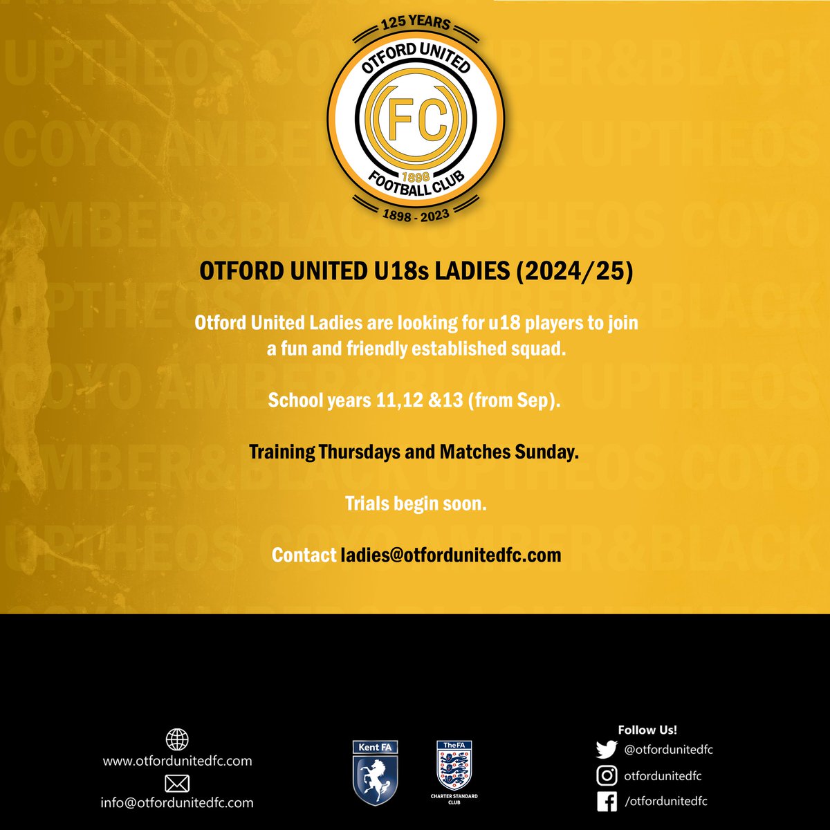 📢 PLAYERS WANTED 🙌 Our Under 18 Ladies are on the lookout for new players to join their squad ahead of the 24/25 season. 

🟠⚫️ 

If interested, please contact Andy at ladies@otfordunitedfc.com

#u18 #ladies #otfordunitedfc #125years #Otford #COYO #UptheOs #AmberAndBlack