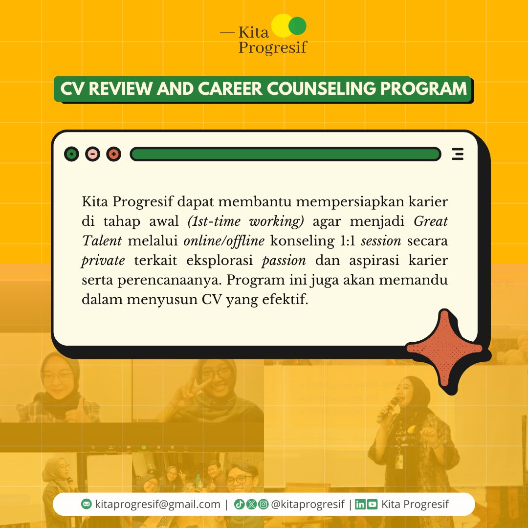 KitaProgresif's tweet image. 🚀 PROGRAMS AND SERVICES BY KITA PROGRESIF 🚀

Kita Progresif adalah sebuah komunitas sebagai pendamping menuju karier dan pengembangan diri yang siap mendukung kamu dalam mengeksplorasi passion dan menjadi profesional secara progresif.