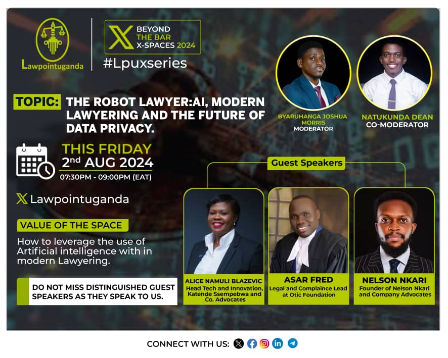 Lawpointuganda's tweet photo. How can lawyers effectively leverage AI tools to enhance their practice while ensuring the security and privacy of sensitive client data?

Join us this Friday for an insightful discussion on the intersection of AI, law, and data privacy! 🤝

Topic: The Robot Lawyer - AI, Modern Lawyering, and the Future of Data Privacy

What to look forward to:

- Learn how to effectively leverage AI tools to enhance your law practice
- Ensure the security and privacy of sensitive client data in the age of AI
- Explore the future of data privacy in modern lawyering

Meet our Expert Speakers:

- Ms. Alice Namuli Blazevic 
- Mr. Nelson Nkari
- Mr. Fred Asar

Event Details:

- Date: This Friday
- Time: 7:30-9:00 pm (EAT)
- Location: Lawpoint Uganda X-space 

Don't miss out on this valuable opportunity to stay ahead in the legal industry! 

Mark your calendars and join us for an enlightening discussion on the role of AI in modern lawyering. 💬

See you there.