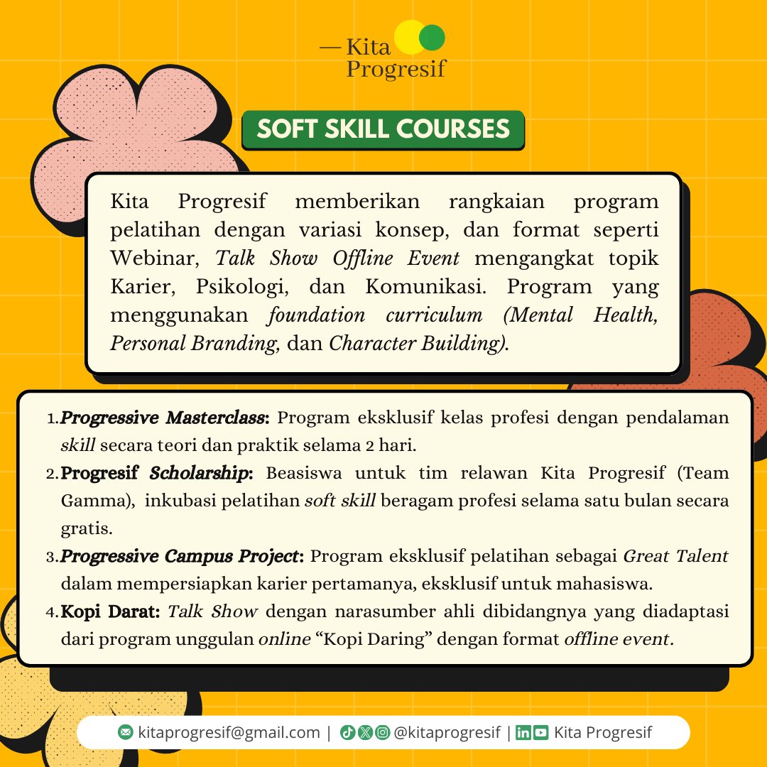 KitaProgresif's tweet image. Apa saja yang bisa kamu temukan di sini?
🌟 CV Review &amp;amp; Career Counseling
🌟 Soft Skill Course
🌟 Partnership

Geser untuk informasi lebih banyak tentang Kita Progresif!

——#BerkaryaBermanfaat
——#ProgresifProfesional
