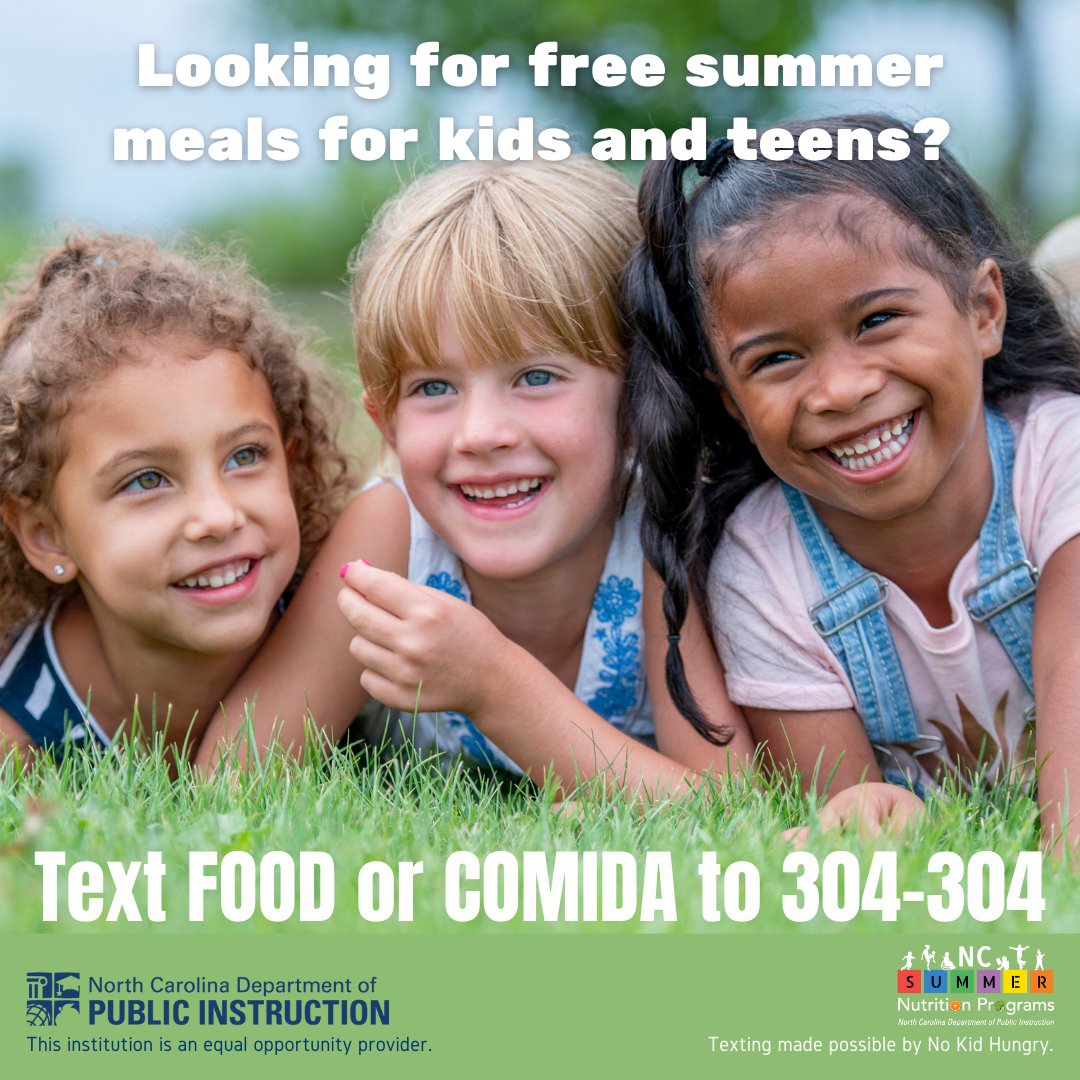 Looking for free #NCSummerMeals for kids and teens?
- Use the NC Site Finder Map, bit.ly/3MhnX1S.
- Text FOOD or COMIDA to 304-304.
- Check your local school district website, social media, or other communications.
Learn more at summermeals4nckids.org.