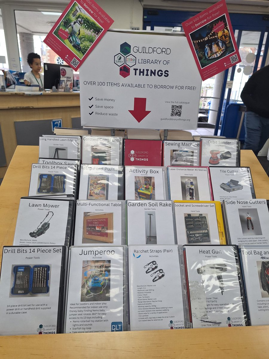 ExperienceGford's tweet image. Have you checked out the Library of Things at Guildford Library?! 
It&apos;s a joint initiative with Zero Carbon Guildford and the catalogue has over 100 items including power tools, event equipment, home/office/gardening tools, and even board games. 
You borrow these items for FREE!