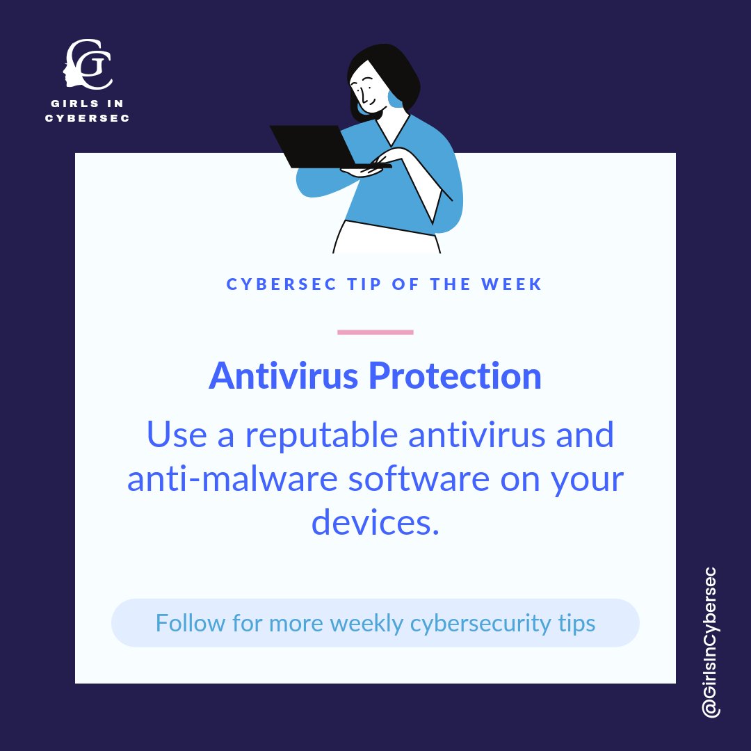 GirlsInCybersec's tweet photo. Don’t let cyber threats catch you off guard!
 
Harden your digital defenses with reliable antivirus and anti-malware software.

Protect your devices, your data, and your peace of mind.🧘‍♀️🧘‍♂️

Comment a recommendation to a good antivirus you know 😉

#CyberSecurityAwareness https://t.co/ciKmxZFrGX