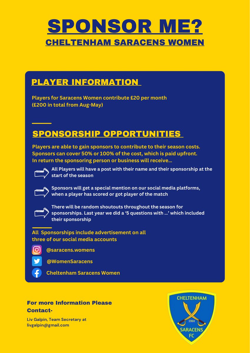 WomenSaracens's tweet photo. We are looking for player sponsorships and an Away kit sponsor, if you’re interested please get in touch 💛

#womensfootball #cheltenham #football #business #cheltenhambusiness #sponsor https://t.co/YNb4W3qPkp