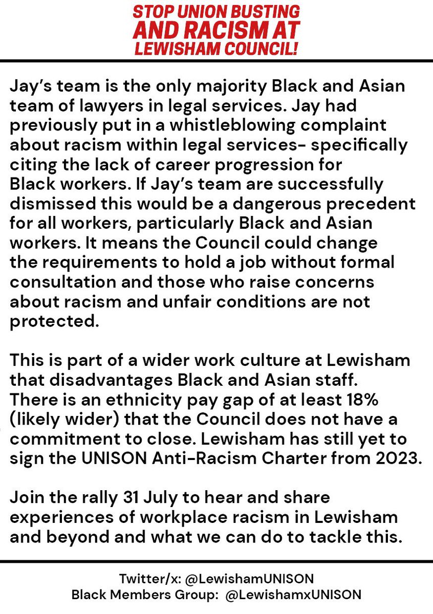LewishamUNISON's tweet photo. Rally against workplace racism
Wednesday 31 July at 1pm
Outside Lewisham Town Hall
Share and listen to experiences from other Black and Asian workers 

Read more about the campaign here⬇️ https://t.co/AAF4XJa7VE