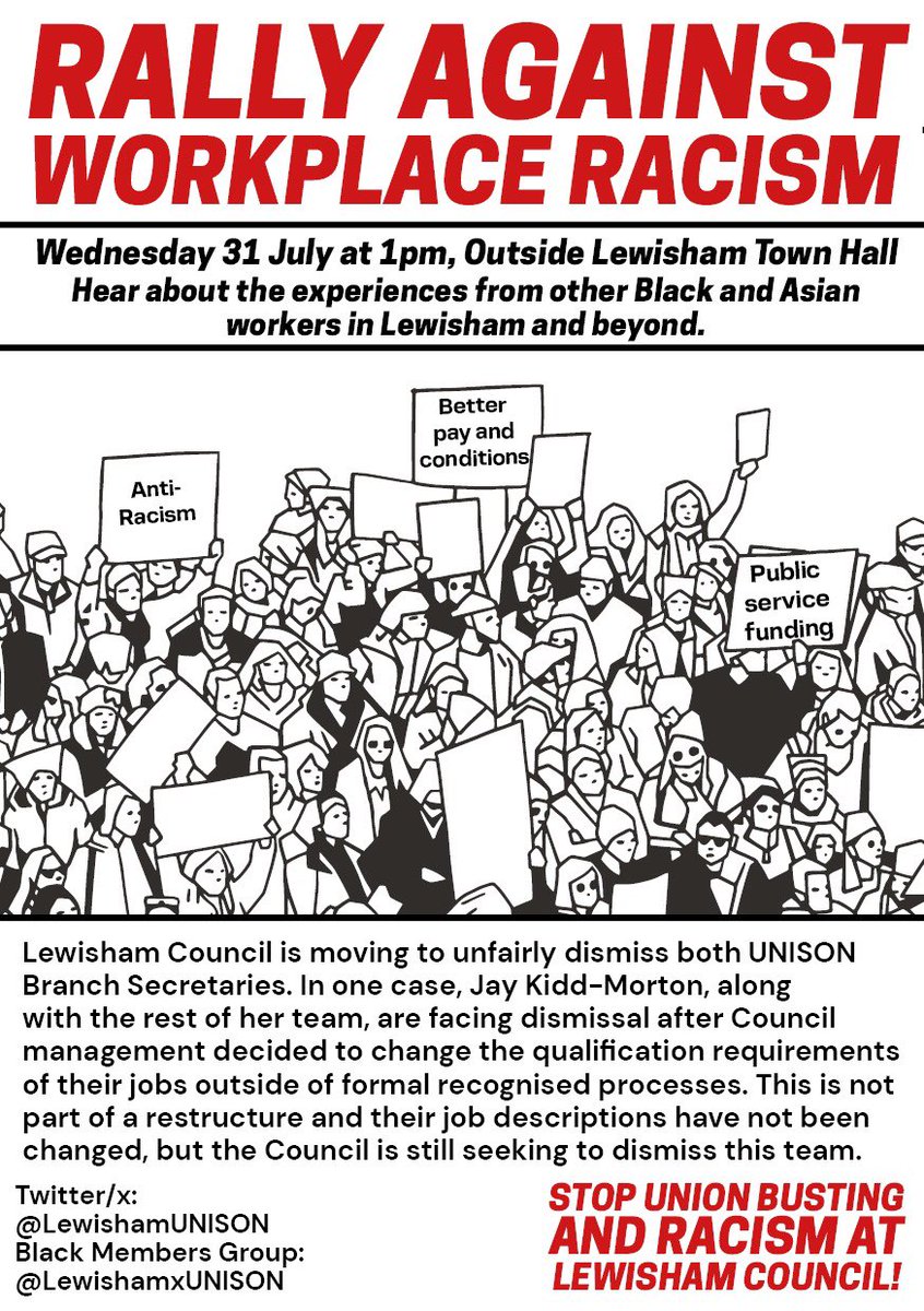 LewishamUNISON's tweet photo. Rally against workplace racism
Wednesday 31 July at 1pm
Outside Lewisham Town Hall
Share and listen to experiences from other Black and Asian workers 

Read more about the campaign here⬇️ https://t.co/AAF4XJa7VE