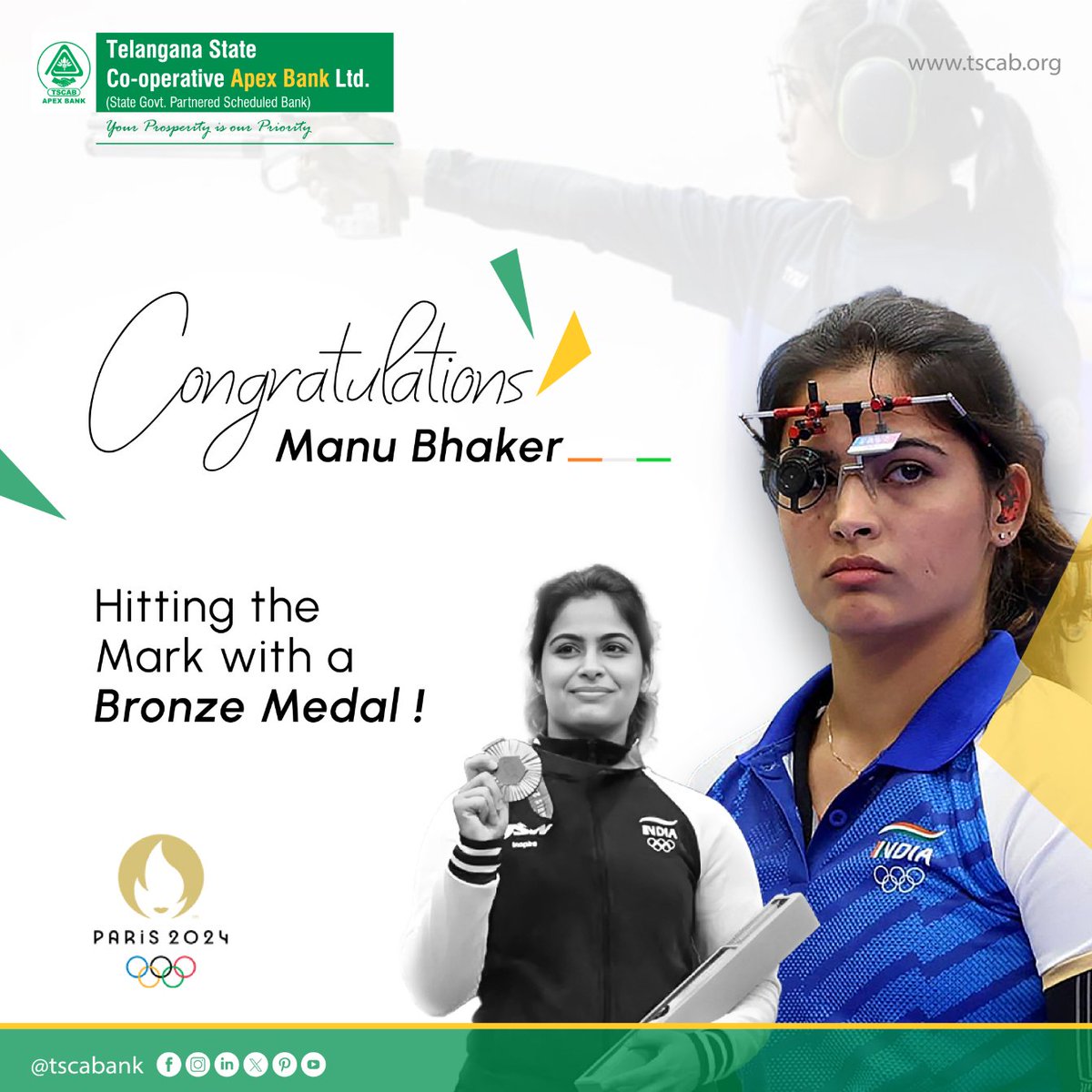 tgcabbank's tweet photo. Congratulations Manu Bhaker
Hitting the Mark with a Bronze Medal!
#TSCAB #telanganastatecooperativestateapexbank #parisolympics2024 #manubhaker #shooting #bronzemedal https://t.co/MoHYLDIQBH