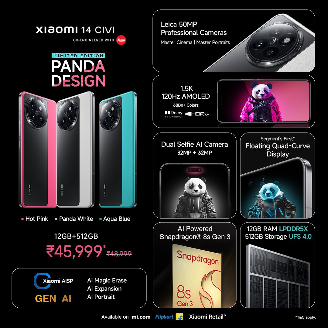 TechHome100's tweet image. Xiaomi 14 CIVI Limited Edition Panda Design launched in India 🇮🇳 
Price 💰 48999₹ (12+512GB)
#Xiaomi #Xiaomi14CIVI #PandaDesign