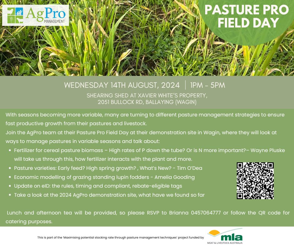 Join the AgPro team on 14th August at their 2024 Increasing Pasture Production Demonstration site in Wagin. With a focus on different strategies to help with  pasture management in these increasingly variable seasons. RSVP now surveymonkey.com/r/LW6FF2Q