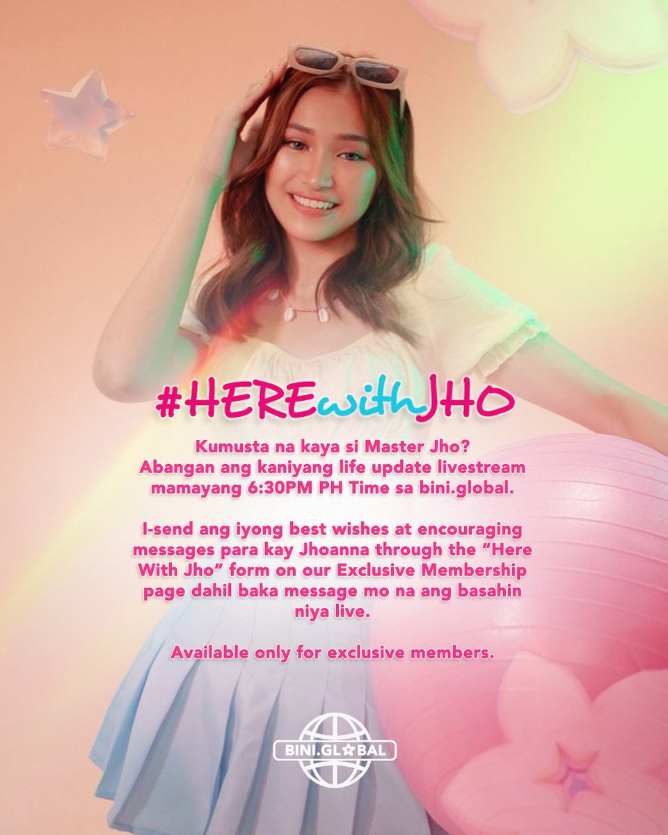 BINI_ph's tweet photo. #BINI : BL♾M, tara at kamustahin natin si Jhoanna sa kanyang life update livestream mamayang 6:30 p.m. for exclusive members! Let’s get together and wish her well during her recovery. 🙏💗🌸 https://t.co/oJonBcRsFD
