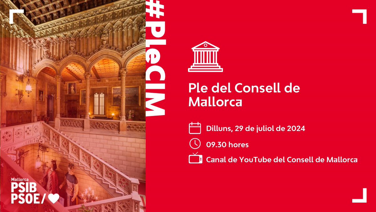SocialistesdMca's tweet photo. ☕️Bon dia!
🏛️ Comença el Ple Ordinari del Consell de Mallorca.
📲 El pots seguir en directe aquí:
https://t.co/UO6Rh7wCt2
#PleCIM https://t.co/euDm5AamJQ