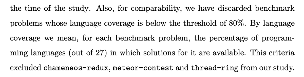 uwiger's tweet photo. @burkov The microbenchmarks discussion keeps popping up, and the tl;dr response is that microbenchmarks struggle to capture the characteristics of the BEAM that are unique and unlock amazing possibilities.

Note that they actually exclude the few problems that are reasonably Erlang-like https://t.co/no0BMvNhOk