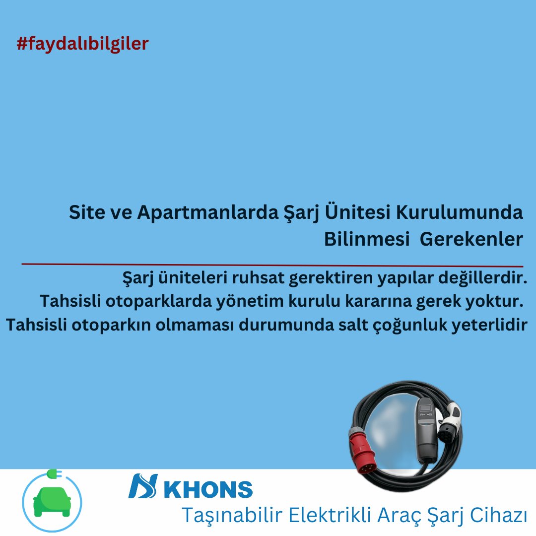 ---Şarj üniteleri ruhsat gerektiren yapılar değillerdir.
---Tahsisli otoparklarda yönetim kurulu kararına gerek yoktur.
---Tahsisli otoparkın olmaması durumunda salt çoğunluk yeterlidir
#khons #khonstr #tnaenerji #enerjimgüneş #elektrikliaraçşarjı
Enerjim Güneş
0 535 662 9199