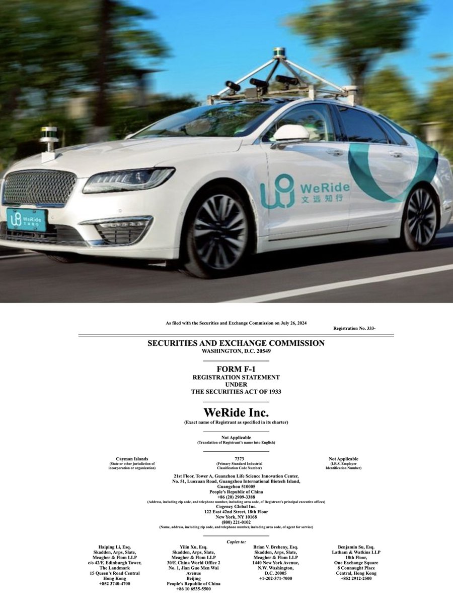 AutoUpdate14's tweet photo. WeRide filed for what could be the biggest US IPO by a Chinese company since ride-share company Didi Global’s disastrous 2021 listing https://t.co/I5bt9LTy3E