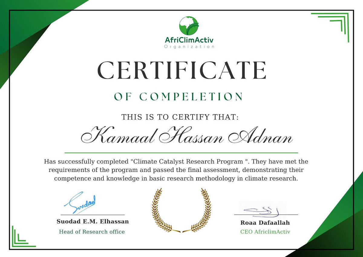 Excited to share that I've completed the Climate Catalyst Research Project and earned my certificate! Huge thanks to AfriClimActiv for the opportunity and support. This course has deepened my knowledge in climate research and sustainability. Its now time to make an impact.