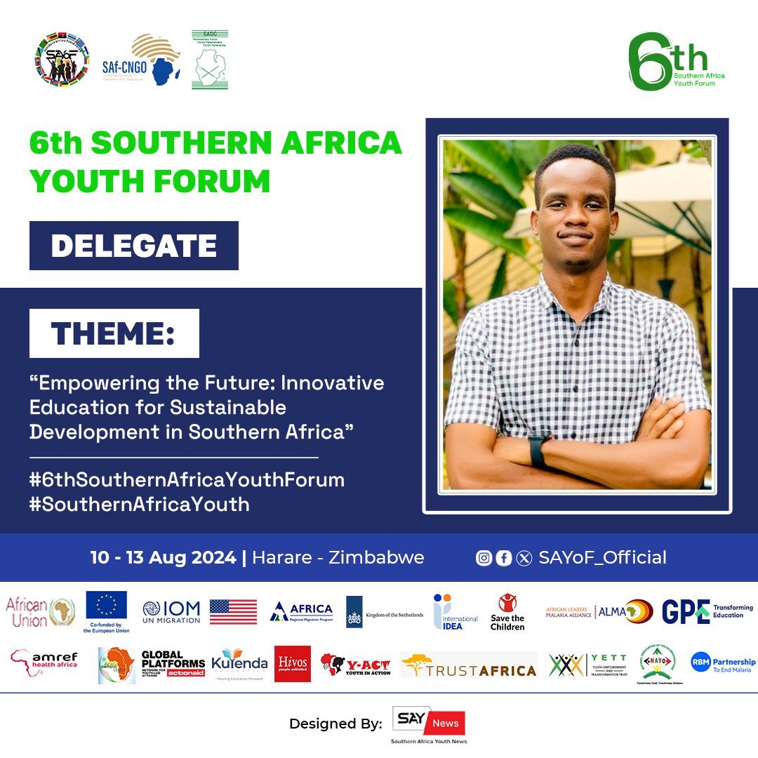 Thrilled to share that I’ll attend the #6thSouthernAfricaYouthForum in Harare, Zimbabwe 🇿🇼✨from August 10 - 13! Under the theme "Empowering the Future: Innovative Education for Sustainable Development in Southern Africa."

#6thSouthernAfricaYouthForum 
#SouthernAfricaYouth