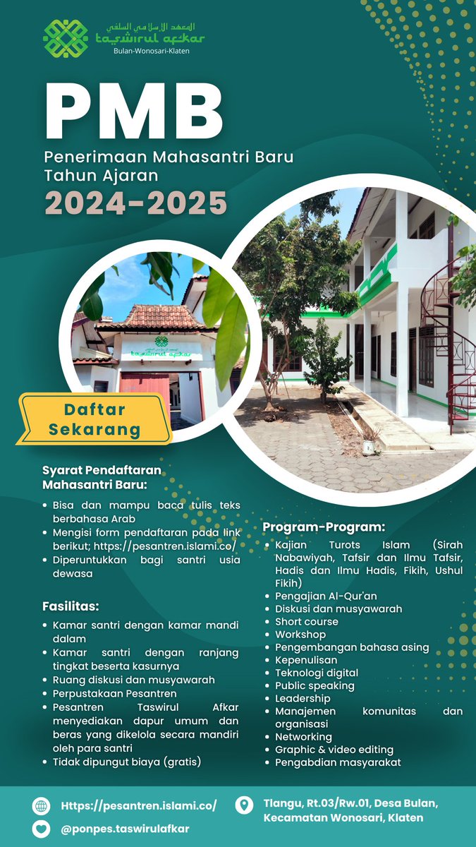 nurhasannn's tweet photo. Informasi pendaftaraan dan penerimaan mahasantri baru Pondok Pesantren Taswirul Afkar
Bulan-Wonosari-Klaten
Yang diasuh oleh Romo Kiai Haji @savicali

https://t.co/KwUMMi994l https://t.co/9kkhmeytzi