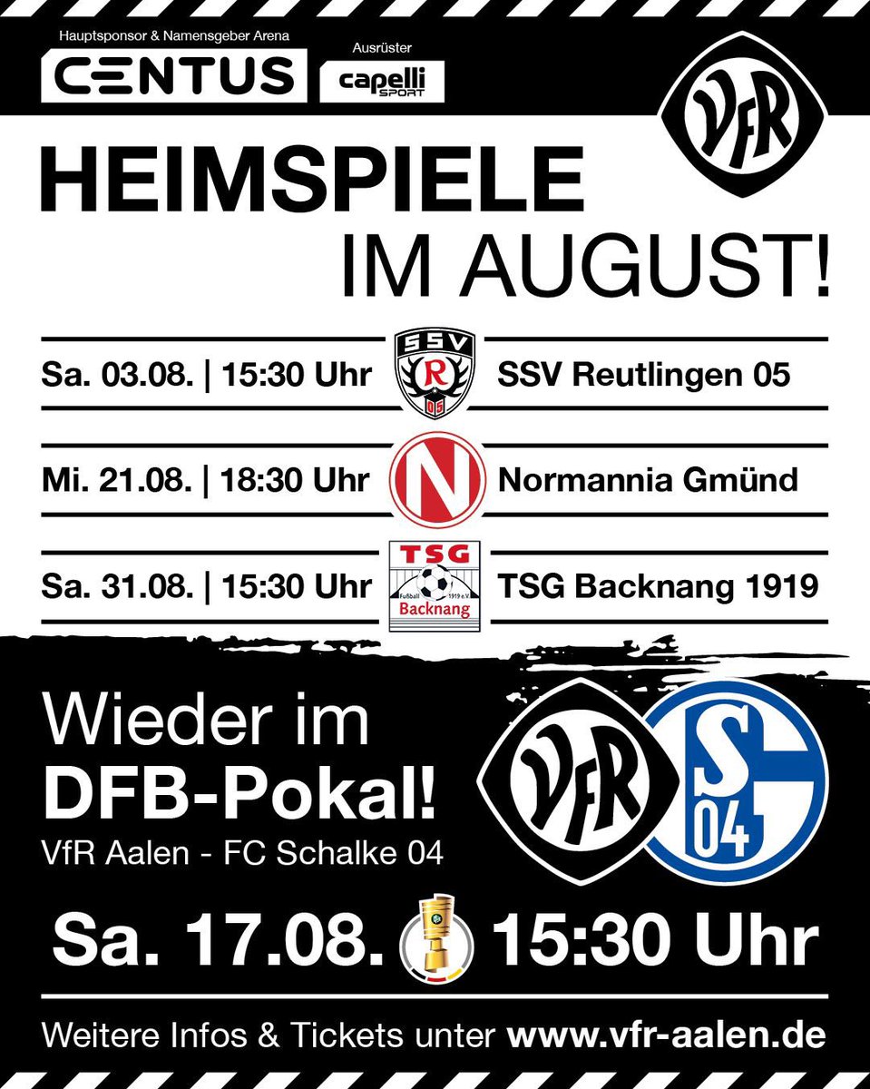 VfRAalen1921's tweet photo. Der August steht vor der Tür, die Liga startet, der DFB-Pokal steht an… Hier sind alle Heimspiele im Überblick ⚽️⚫️⚪️💪
#VfRAalen #VfR #Aalen #Saison2425 #OberligaBW #DFBPokal #Heimspiele #CentusArena #schwarzweisswir #zusAAmmen https://t.co/AjWXKgcOjj