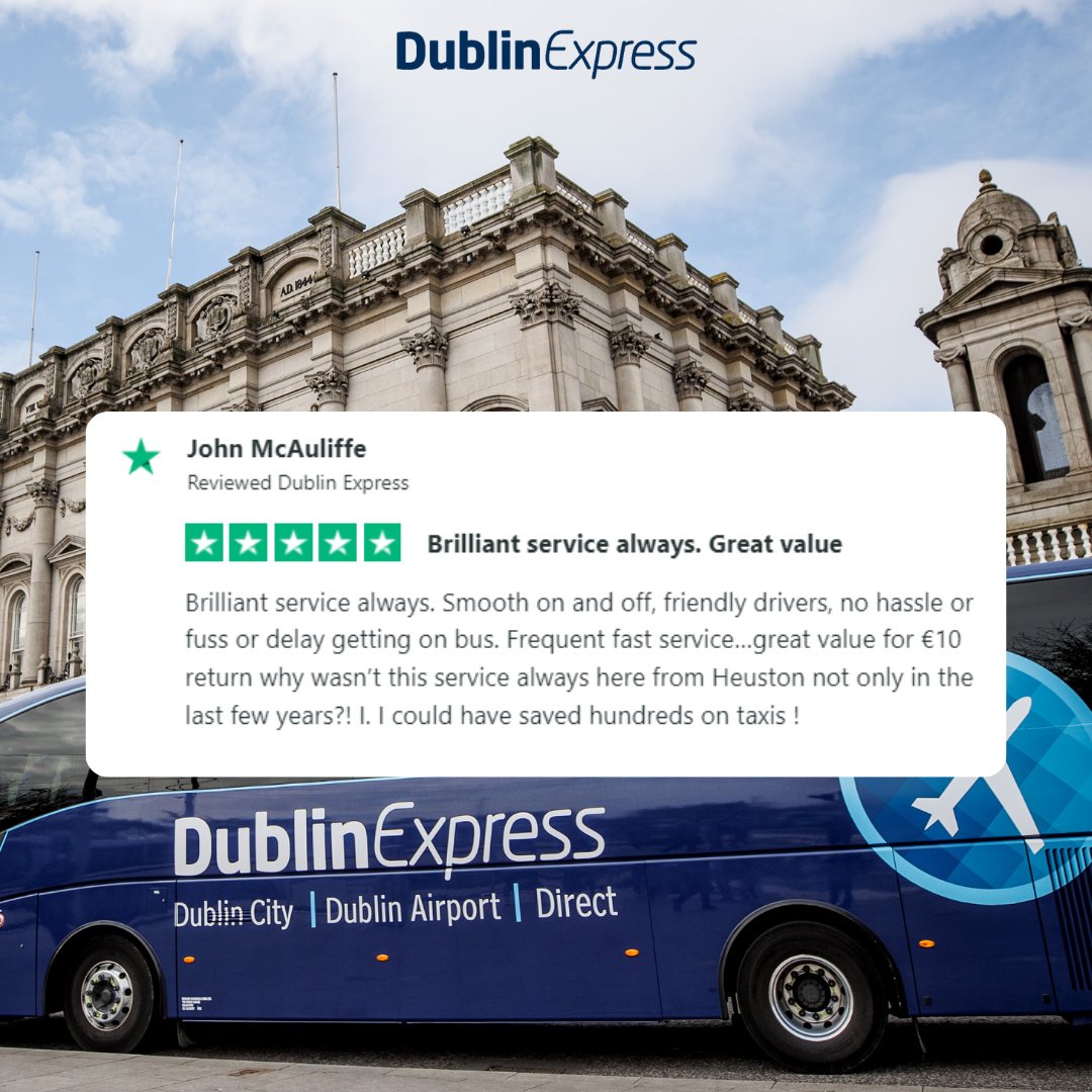 dublin_express's tweet photo. Another great review from one of our customers!βββββ
We love hearing about your great experiences with Dublin Expressπ
Donβt forget to pre-book your ticket online to get the best price!πΈ
#Dublinexpress #DublinTransport #Travel #Review #5starservice #heustonstation https://t.co/5NYaMVtIxQ