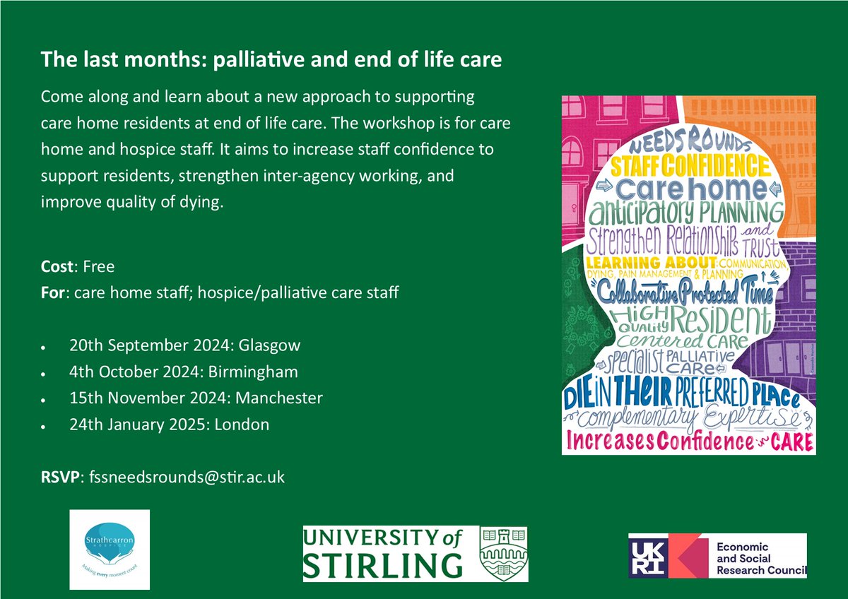 **Free** workshops on Needs Rounds: Glasgow, London, Birmingham and Manchester. Book yourself a place if you work in a #CareHome or #PalliativeCare service, with @aishamacgregor  and @BoaSally