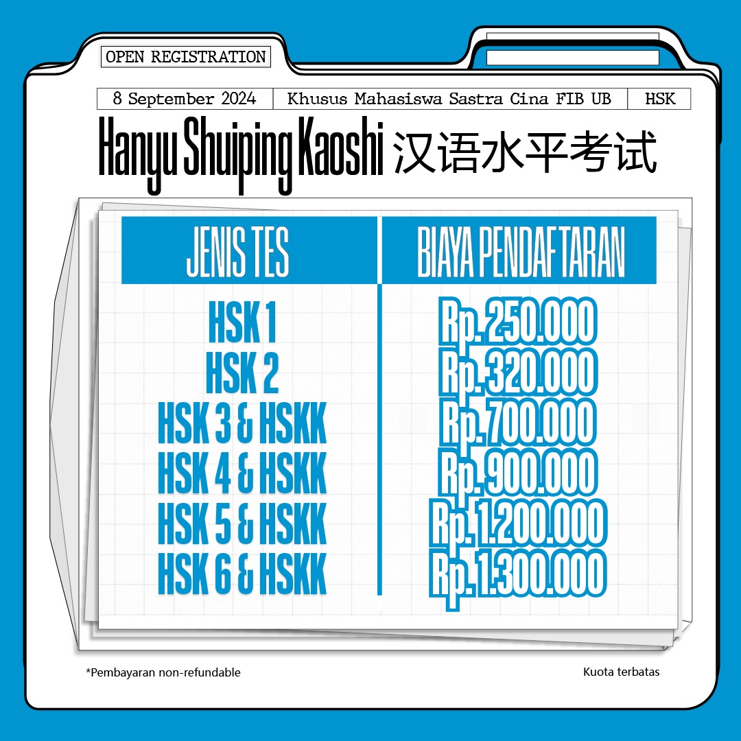 LBEKRAF's tweet photo. Dibuka pendaftaran HSK khusus bagi mahasiswa Prodi Sastra Cina FIB UB. Tes ini akan diselenggarakan pada 8 September 2024.

Informasi lebih lanjut : 
Layanan Bahasa dan Ekonomi Kreatif (LBEKRAF)
Gedung A FIB UB lantai 1 
WhatsApp (082231495856)
Ibekraf_fib@ub.ac.id https://t.co/1XuoHDhLJK