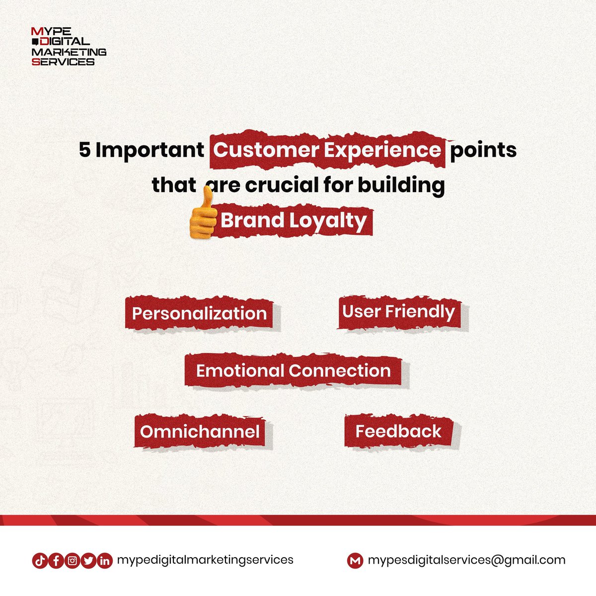 Mype_Digital's tweet photo. Customer Experience are crucial for building brand loyalty and driving business success. 

Here are five important Customer Experience points that are crucial for building:

- Personalization: Tailor interactions to individual customers. https://t.co/i93fbGYo2H