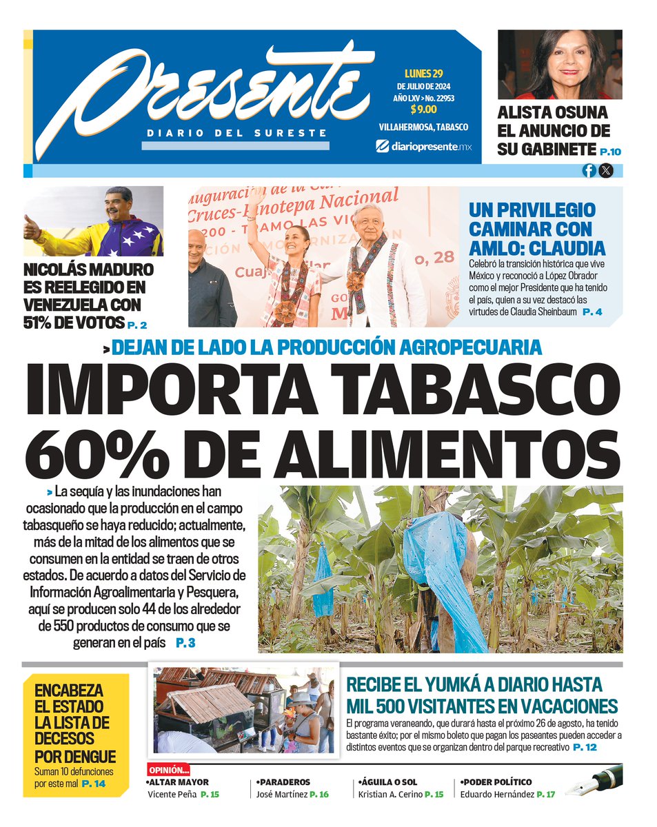 DiarioPresente's tweet photo. #PortadaPresente 🗞: Importa Tabasco 60% de alimentos
➡ https://t.co/QNI7zpizz7 https://t.co/POr6vT0JCR