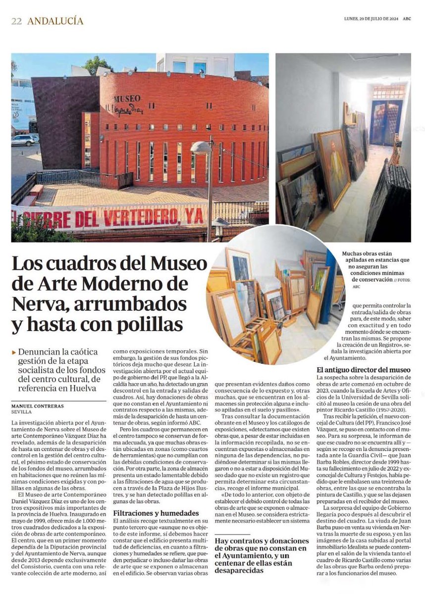 arepullomilla's tweet photo. La gestión del PSOE en Nerva ha tenido consecuencias desastrosas para la economía pero también para la cultura. 

Los fondos del Museo de arte Contemporáneo Vázquez Díaz están en un estado lamentable.

https://t.co/LbOoPBMTic https://t.co/UjpGOV71kN