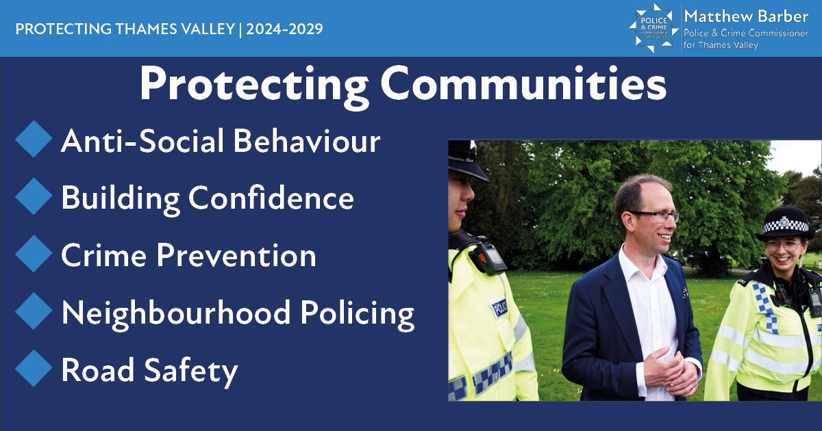 🏙️ Protecting Communities

One of <a href="/matthew_barber/">Matthew Barber</a> key priorities within his Police &amp; Crime Plan is to Protect Communities with a focus on:

🔷 Anti-Social Behaviour
🔷 Building Confidence
🔷 Crime Prevention
🔷 Neighbourhood Policing
🔷 Road Safety

➡️ thamesvalley-pcc.gov.uk/police-and-cri…