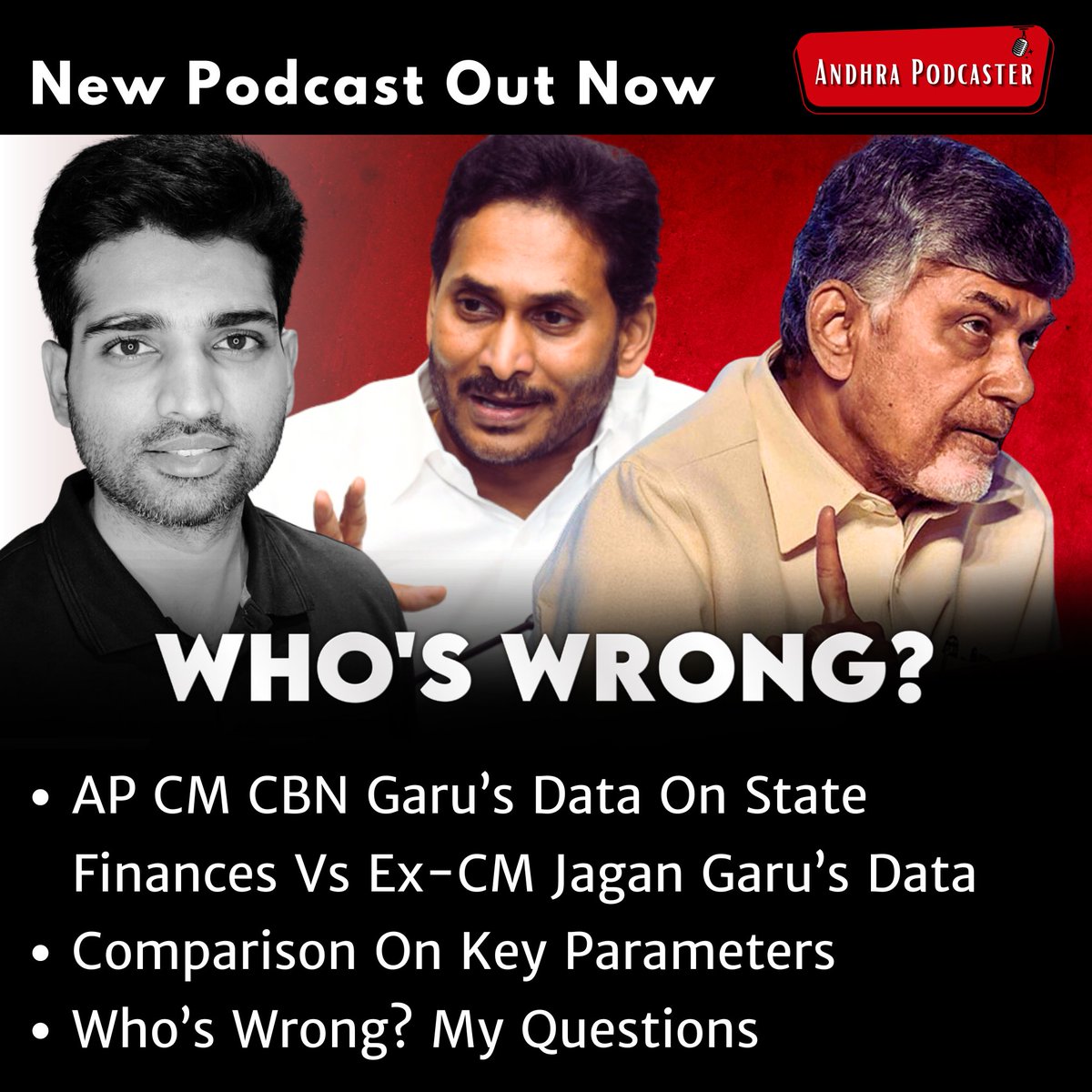 AndhraPodcaster's tweet photo. Jagan's Data Vs CBN's Data On AP State Finances | #Ep286 Andhra Podcaster | Vijay Kesari
Link to the podcast: https://t.co/BrfyqbvlEc
AP CM CBN Garu’s Data On State Finances Vs Ex-CM Jagan Garu’s Data Comparison On Key Parameters. Who’s Wrong? My Questions.
Please put any questions you have in the comments section below this post and thanks for your interest in the development of Andhra.
- Vijay
#andhrapodcaster #vijaykesari #andhrapradesh #andhradevelopment #ap #apdevelopment #andhrapodcast #bjp #tdp #jsp #pawankalyan #ncbn #chandrababunaidu #ycp #ysjagan #ysrc #ysrcp #andhraentrepreneurs #innovation #entrepreneurship #vijaykesaripodcast