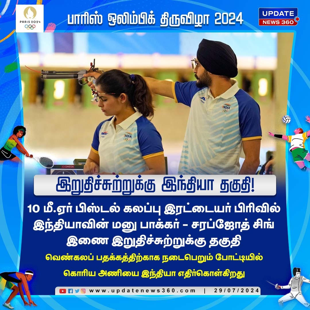 updatenewstamil's tweet photo. துப்பாக்கி சுடுதலில் இந்திய இணை இறுதிச் சுற்றுக்கு தகுதி!!!

#UpdateNews | #Olympics2024 | #Paris | #Sports | #IndiaQualifies | #CoFinals | #Shooting | #10mpistolshooting | #TamilNews | #UpdateNews360 https://t.co/vqm01tA5XS