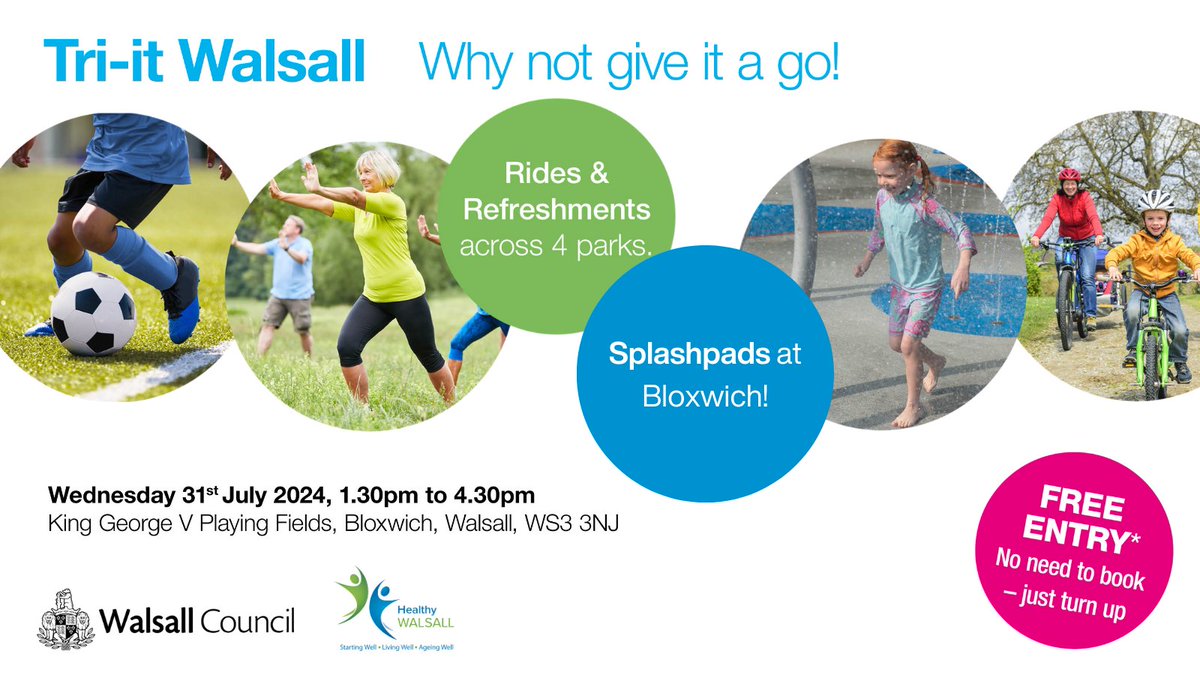 WalsallCouncil's tweet photo. Feeling inspired by the #Olympics? 🤩 ✨

Free #TriItWalsall events are taking across our parks, with families able to try a range of sports and activities! 

Join us for our 1st event on Wednesday 31 July at King George V Playing Fields, Bloxwich. ⬇️

#WhatsOnWalsall https://t.co/09k00mpv9f