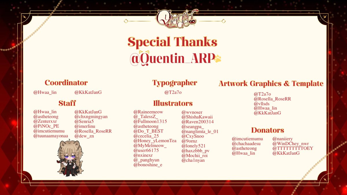 Quentinrade's tweet photo. ✦ Thank you ✦ 

ขอขอบคุณเควนเทลทุกท่านที่มาร่วมกันทำโปรเจคนี้ด้วยกันนะคะ

Special thanks to @Quentin_ARP 🐅🪄
ขอบคุณที่เป็นรอยยิ้มและแรงผลักดัน ที่ทำให้ทีมทำโปรดจคนี้ขึ้นมา
ขอให้มีความสุขมากๆในวันเกิดนะคะ

#MasqueradeOfQuentails #งานเต้นรำของเควนเทล https://t.co/cZ2RfN2gj2