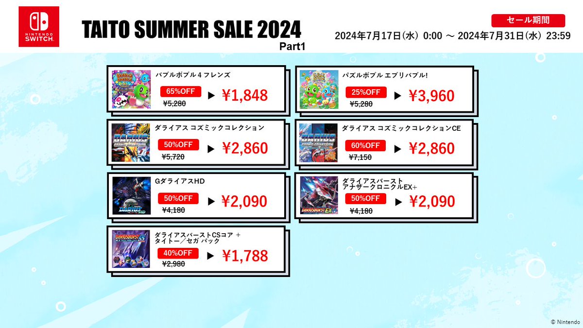 TAITO_Apps's tweet photo. ＼🍉#タイトー サマー #セール Part1　終了間近🍉／
タイトーの家庭用ソフト🎮のDL版がセール開催中❗　最大65%OFF🎊
『バブルボブル 4 フレンズ すかるもんすたの逆襲』は初の65%OFF❗
お買い逃がしなく✨

⏰7月31日(水)23:59まで💡

🔍セール特設HP
https://t.co/DWud39TfHF

 #ダライアス #BB4F https://t.co/fhSpqEThKh