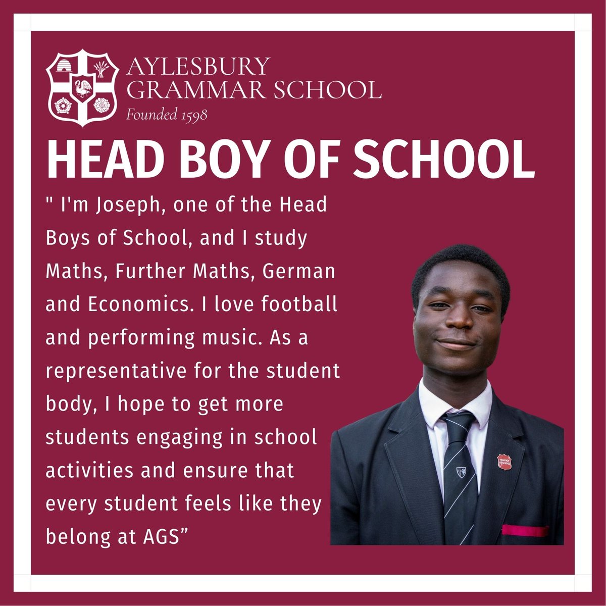 🌟Meet the 2024 - 2025 Aylesbury Grammar School Student Leadership Team 🌟

Welcome to this series where, over the Summer, we will be introducing our Student Leaders for the new School year.

We wish them all every success as Head Boys of School or Head Boys of House.