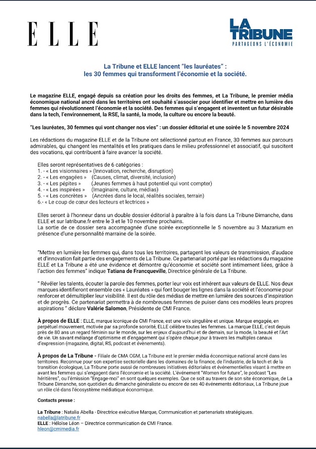 ✨ <a href="/LaTribune/">La Tribune</a> et <a href="/ELLEfrance/">ELLE</a> s'associent pour un partenariat inédit avec le projet "Les lauréates", les 30 femmes qui transforment l'économie et la société.

🏅 Ces 30 femmes, aux parcours admirables, qui changent les mentalités et les pratiques dans le milieu professionnel et