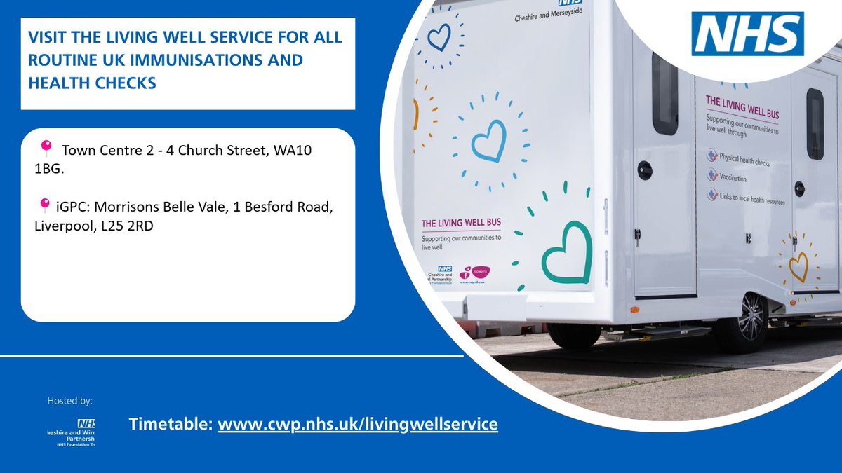 The Living Well Service will be in St Helens and Liverpool tomorrow (30 July). It’s here to support you with all routine UK immunisations, physical health checks, and your mental wellbeing. Find out more and check when the service is near you: bit.ly/3Ywzf91